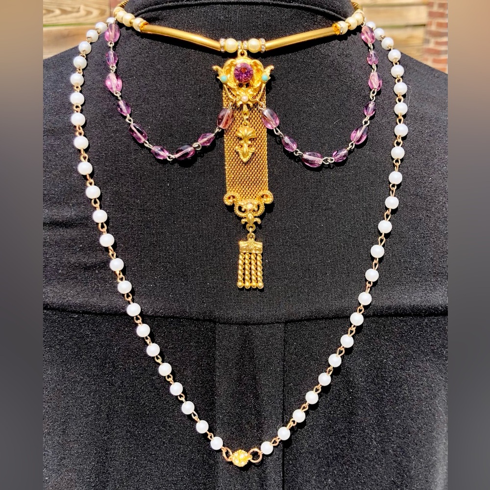 Handcrafted unique watch fob necklace Gold filled fob-amethyst, pearl turquoise - Picture 8 of 12